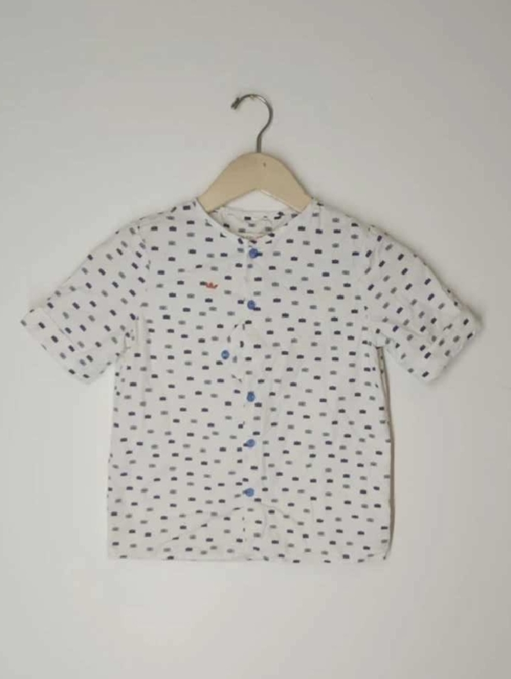 Children's White Short-Sleeve Button-Up Shirt with Navy Dot Print